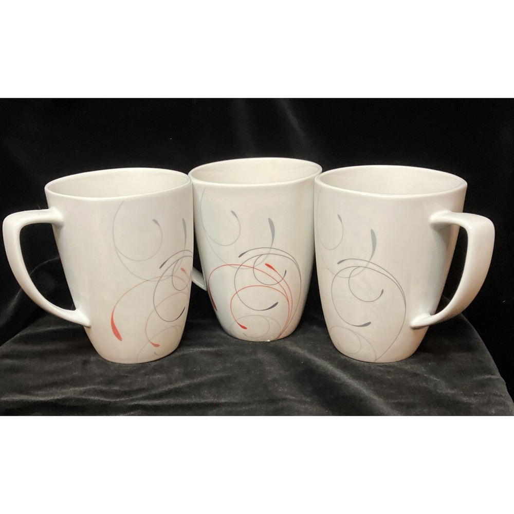 Set 3 Corelle Coordinates Splendor Coffee Cups Mugs White Red Grey Swirl 12oz